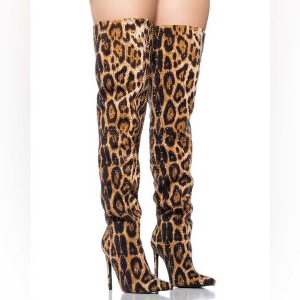 Azalea Wang Leopard Rhinestone Embellished Over The Knee Boots